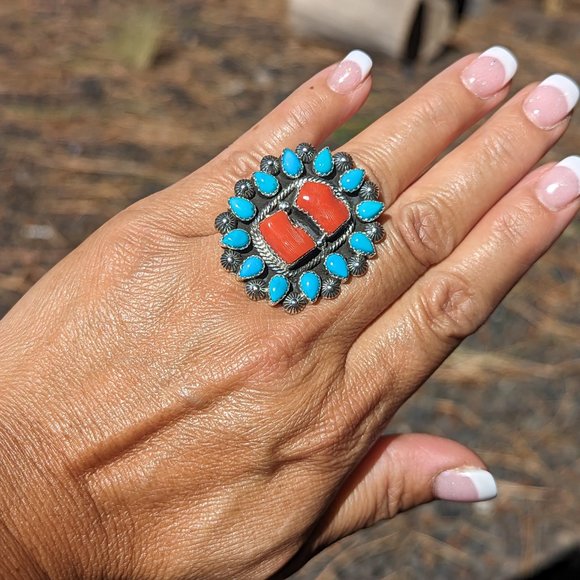 Handcrafted Turquoise Coral Native American Ring Southwestern Sterling Sz 7.5 ** - Picture 7 of 10